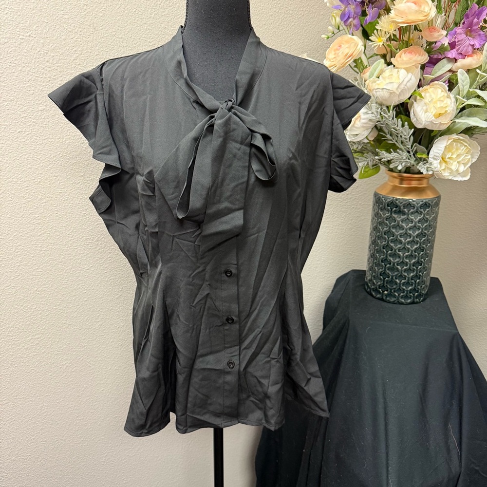Belle Poque Black Bow Tie Blouse Women’s Size L Ruffle Sleeve Work Top - Picture 1 of 8